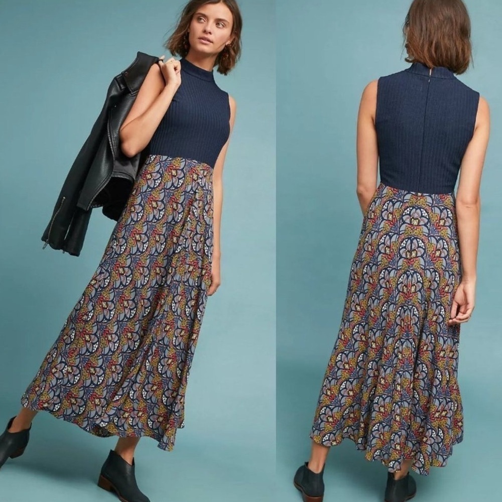 Anthropologie TINY Sophie Sweater Floral Print Maxi Dress in Navy Blue Sz XXSP